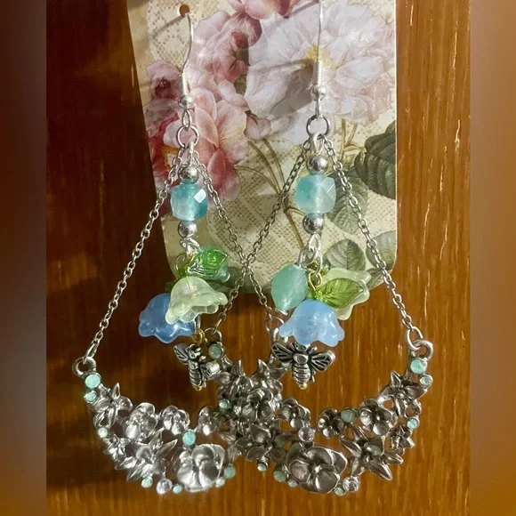 Vintage Upcycled Floral Silver Green and Blue Dangle Earrings - Picture 6 of 10